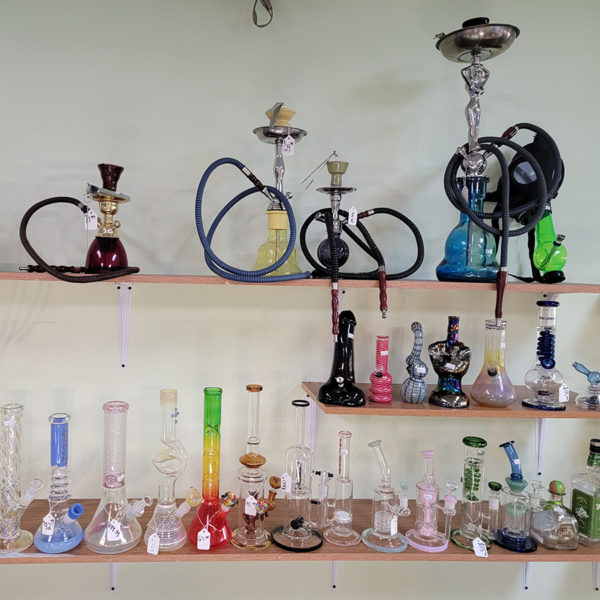 Happy Hut - collection of bongs and hookahs of various shapes, sizes, and colors - decatur, il