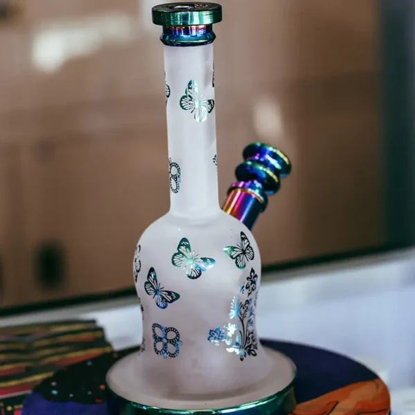 Happy Hut - elegant glass bong - fogged glass with metallic butterfly decals - Decatur, IL